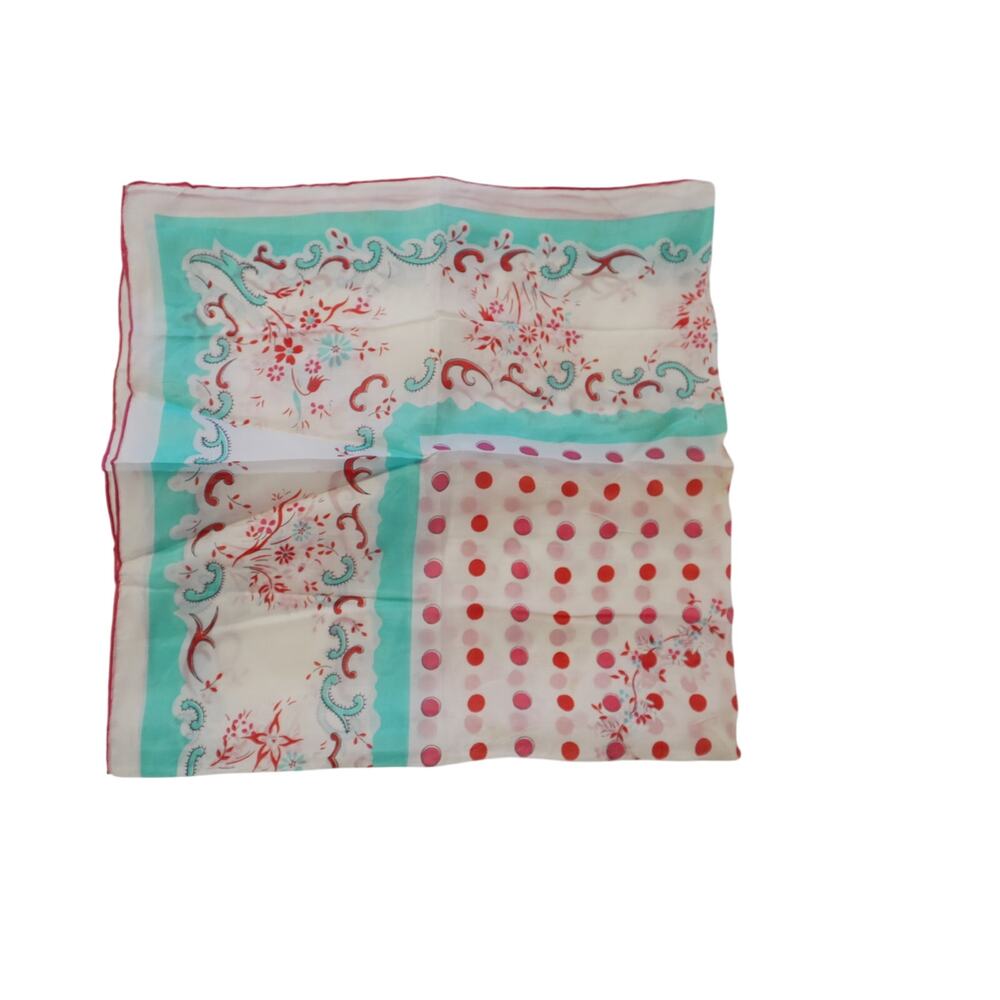 Vintage Giammona Rayon Silk Scarf White Red Polka Dot Blue Floral 30x30 Japan - Picture 2 of 8